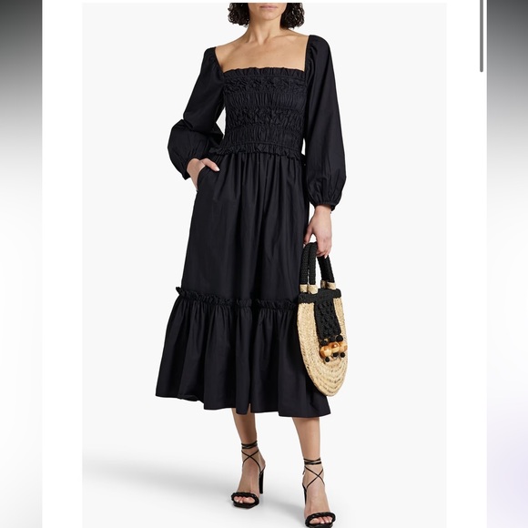 NWT CARA CARA shirred natella smocked poplin cotton midi dress puff sleeve M - Picture 2 of 6